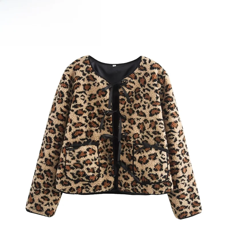 ZBZA Faionable Leopard Print Jaet Women's ort Outerwear with Bow Tie Decoration Versatile round Ne Polyester Fiber
ZBZA Faionable Leopard Print Jaet Women's ort Outerwear with Bow Tie Decoration Versatile round Ne Polyester Fiber