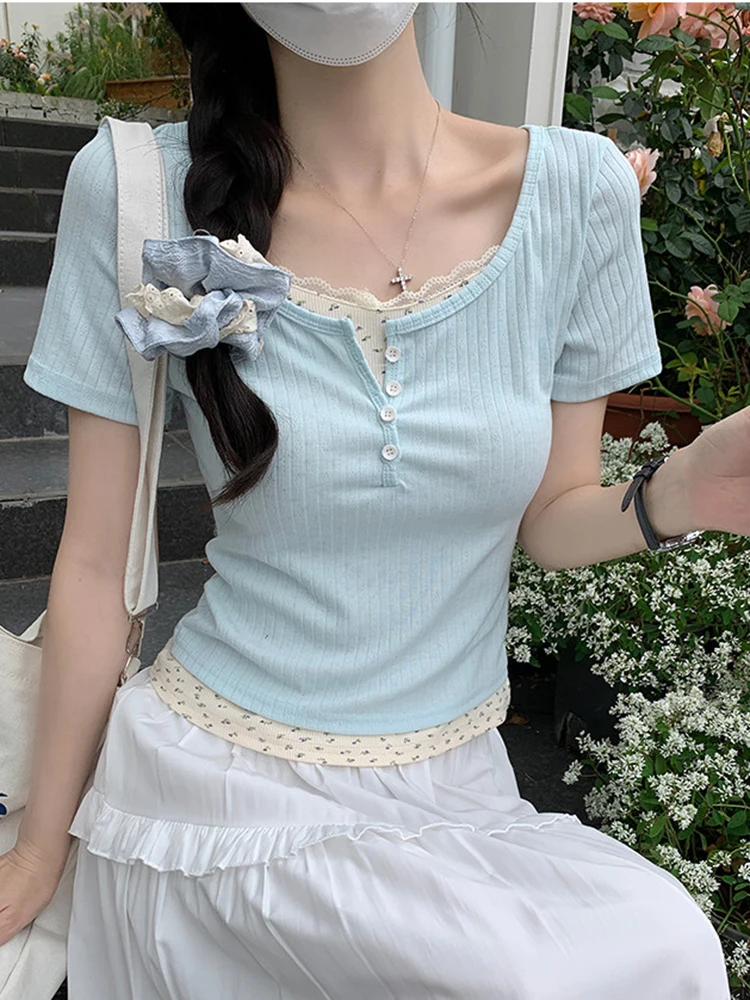 Korean Lace Fake Two Piece Floral Women Shirt Sweet Slim Patchwork Simple Female T Shirt O Neck Kawaii Short Sleeve Tees
Korean Lace Fake Two Piece Floral Women Shirt Sweet Slim Patchwork Simple Female T Shirt O Neck Kawaii Short Sleeve Tees