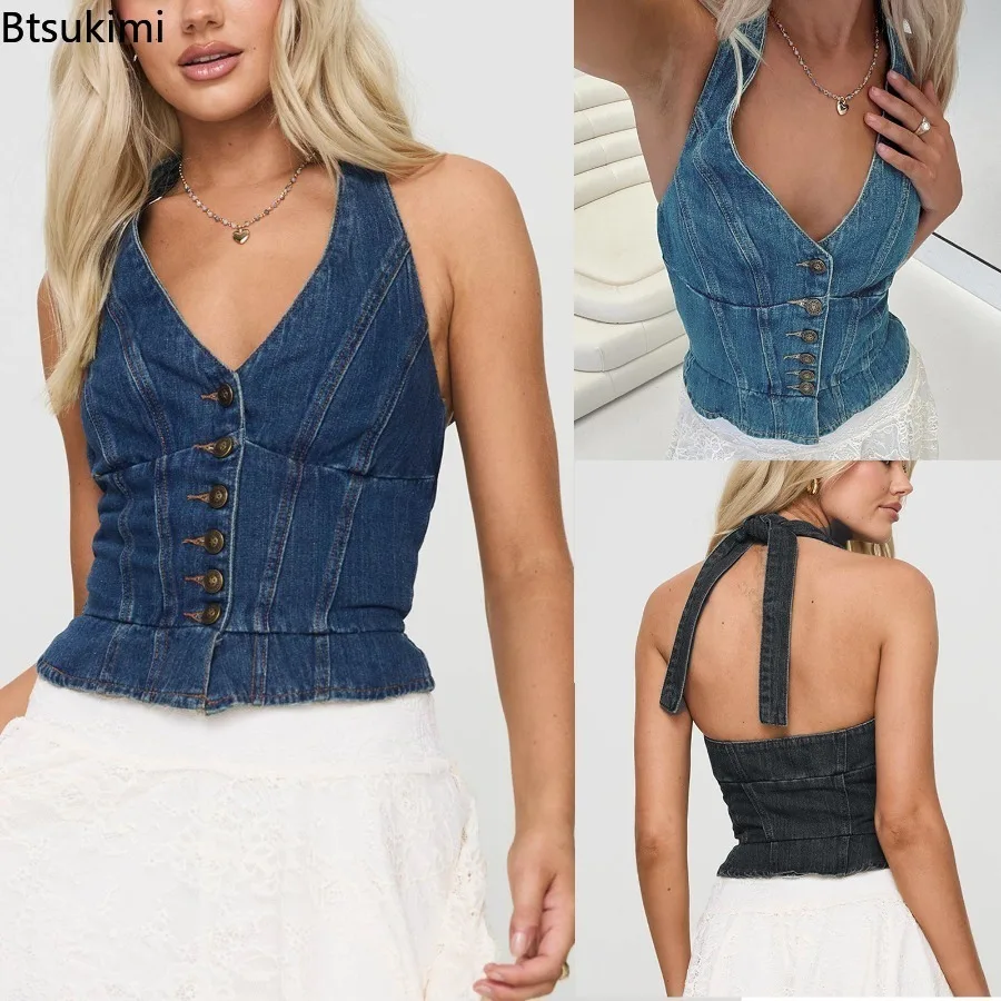 2026 New Women's Halter Denim Vest Sexy Hot Girl Tie Up Strap Button V Neck Crop Tops Elegant Fashion Streetwear Party Club Tops
2026 New Women's Halter Denim Vest Sexy Hot Girl Tie Up Strap Button V Neck Crop Tops Elegant Fashion Streetwear Party Club Tops