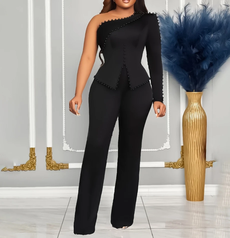 Elegant Two Piece Set for Women Blazer Suits One Shoulder Pearls Long Sleeve Blouse + Wide Leg Pants Office Lady Outerwear
Elegant Two Piece Set for Women Blazer Suits One Shoulder Pearls Long Sleeve Blouse + Wide Leg Pants Office Lady Outerwear
