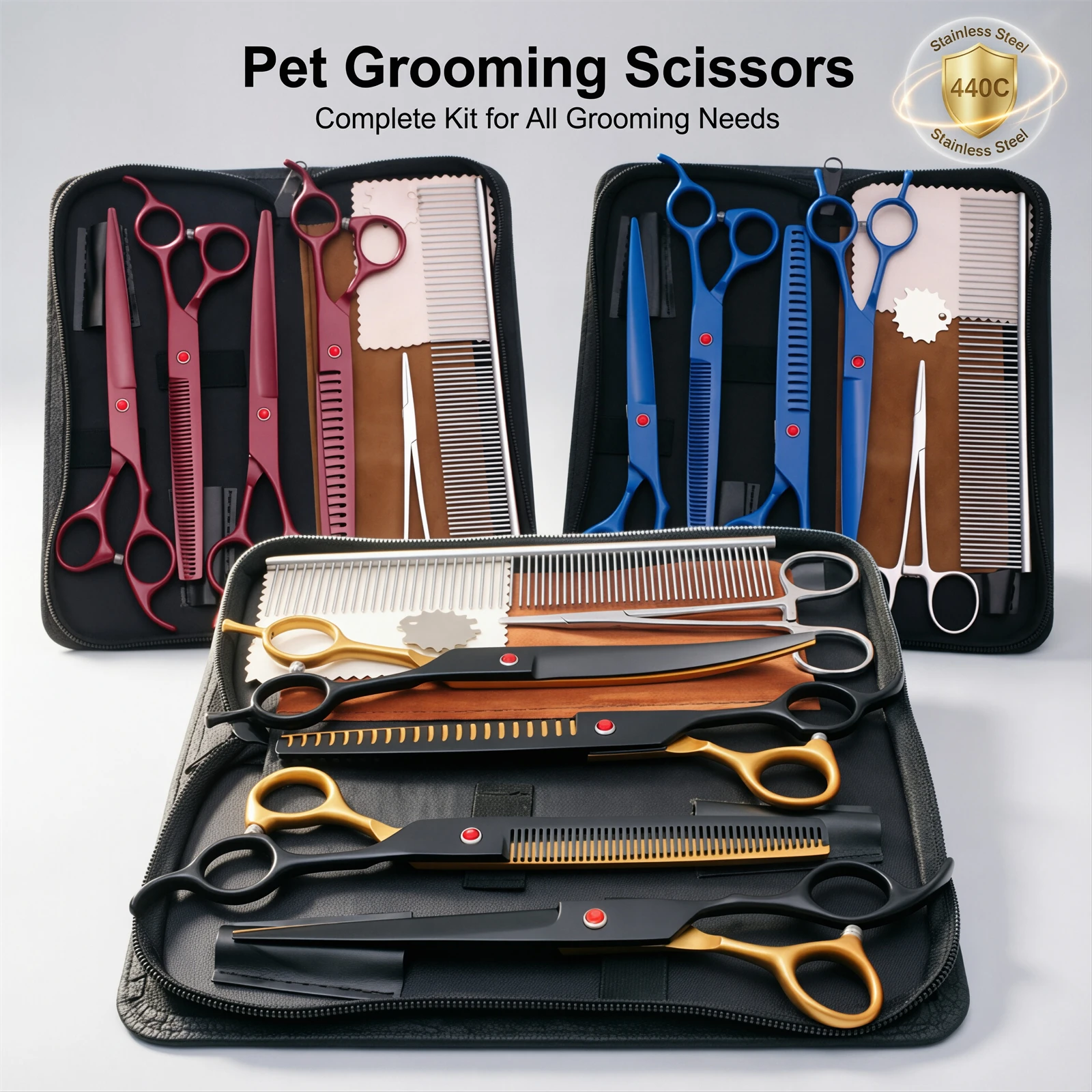 Pet Grooming Scissors Set Professional 440C Stainless Steel Dog Cat Hair Cutting Thinning Curved Shears Kit with Comb Complete
Pet Grooming Scissors Set Professional 440C Stainless Steel Dog Cat Hair Cutting Thinning Curved Shears Kit with Comb Complete