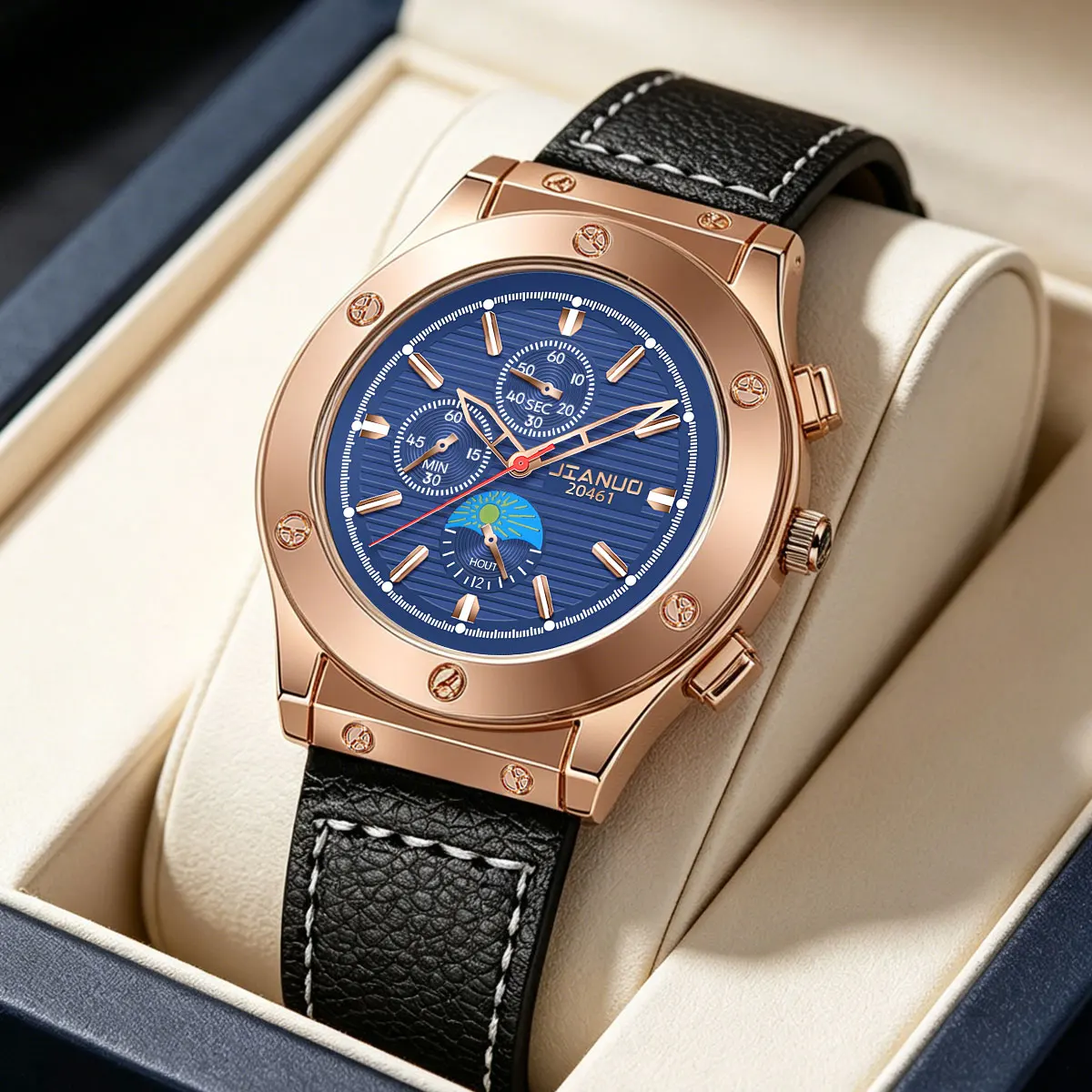 Fashionable Men's Quartz Watch Large Dial Personalized Leather Belt Rose Gold Business Watch with Sun-Moon Design
Fashionable Men's Quartz Watch Large Dial Personalized Leather Belt Rose Gold Business Watch with Sun-Moon Design
