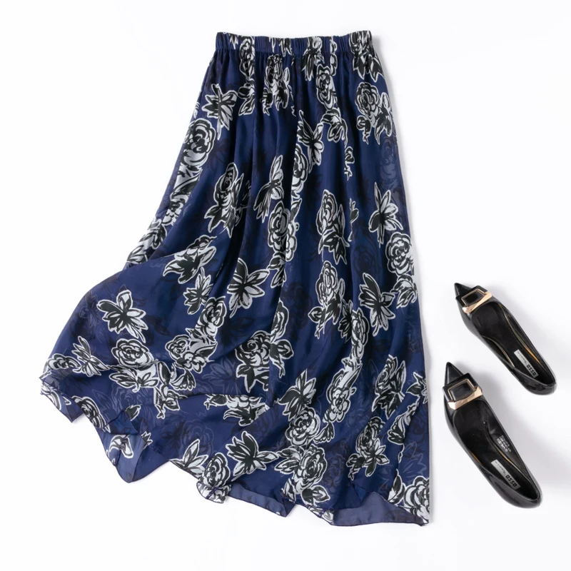 Women Silk Skirt 100% Mulberry Silk Navy Floral Printed Long Type Skirt With Silk Lining Summer Beach Big Hem Office Work M1343
Women Silk Skirt 100% Mulberry Silk Navy Floral Printed Long Type Skirt With Silk Lining Summer Beach Big Hem Office Work M1343