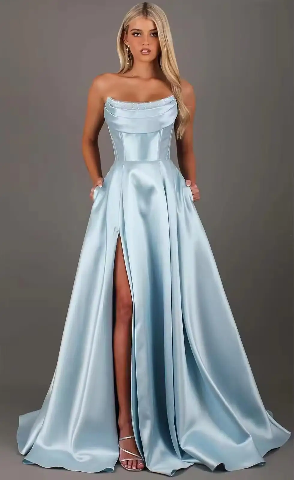 Strapless Corset Prom Dresses for Women with Slit Long Satin Formal Evening Gowns with Pockets Elegant Sleeveless Party Dress
Strapless Corset Prom Dresses for Women with Slit Long Satin Formal Evening Gowns with Pockets Elegant Sleeveless Party Dress