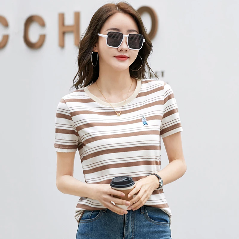 Women Striped T-shirt Summer New Fashion Embroidery O-Neck Short Sleeve Cotton Tees Tops Casual Simplicity Loose Basic T-shirt
Women Striped T-shirt Summer New Fashion Embroidery O-Neck Short Sleeve Cotton Tees Tops Casual Simplicity Loose Basic T-shirt