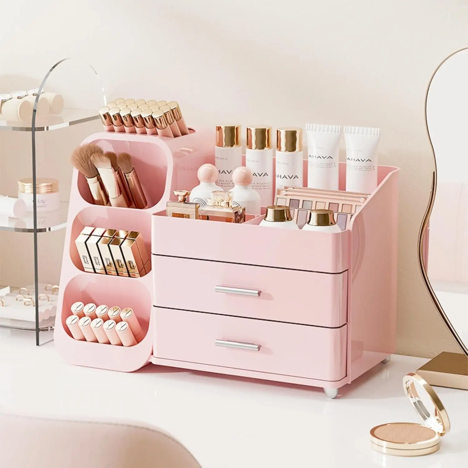 Large Pink Makeup Organizer with Drawers, Vanity Countertop Storage for Cosmetics, Skincare, Brushes
Large Pink Makeup Organizer with Drawers, Vanity Countertop Storage for Cosmetics, Skincare, Brushes