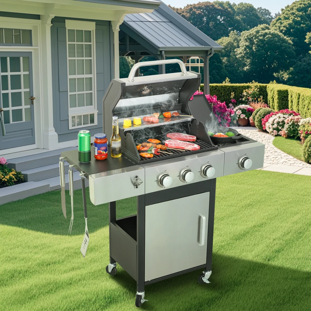 3-Burner Propane Gas BBQ Grill with Side Burner, 37230BTU Output with Enameled Cast Iron Cooking Grids for Outdoor Barbecue BBQ
3-Burner Propane Gas BBQ Grill with Side Burner, 37230BTU Output with Enameled Cast Iron Cooking Grids for Outdoor Barbecue BBQ