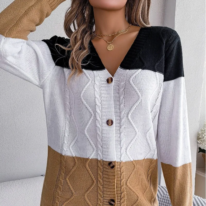 2023 Autumn Winter Women's V-neck Button Patchwork Screw Thread Loose Slim Cardigan Fashion Casual Elegant Long Sleeve Tops
2023 Autumn Winter Women's V-neck Button Patchwork Screw Thread Loose Slim Cardigan Fashion Casual Elegant Long Sleeve Tops