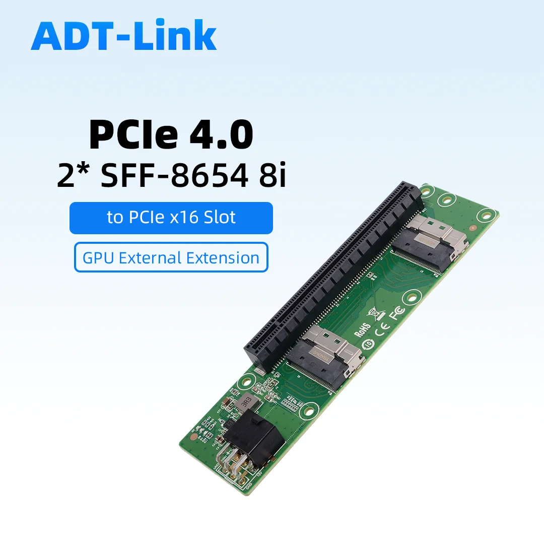PCIe 4.0 Gen4 x16 Riser Card 2 Port SFF-8654 8i SlimSAS to PCIe x16 Adapter High Speed External GPU Extension for Server
PCIe 4.0 Gen4 x16 Riser Card 2 Port SFF-8654 8i SlimSAS to PCIe x16 Adapter High Speed External GPU Extension for Server
