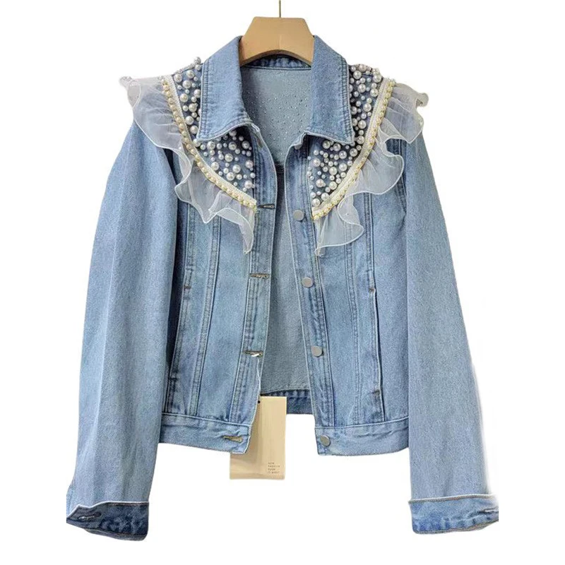 Women's Jacket Pearl Ruffled Denim Jacket Spring and Autumn Top Coat
Women's Jacket Pearl Ruffled Denim Jacket Spring and Autumn Top Coat