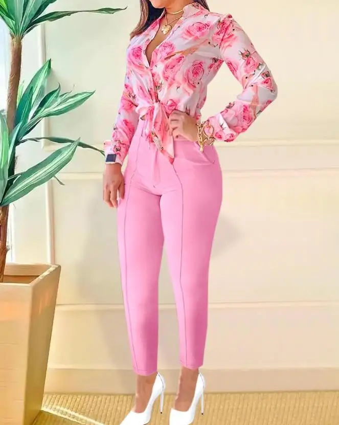 Two Piece Set Women Outfit 2023 Spring Fashion Floral Print Stand Collar Long Sleeve Buttoned Top & Casual Pocket Long Pants Set
Two Piece Set Women Outfit 2023 Spring Fashion Floral Print Stand Collar Long Sleeve Buttoned Top & Casual Pocket Long Pants Set