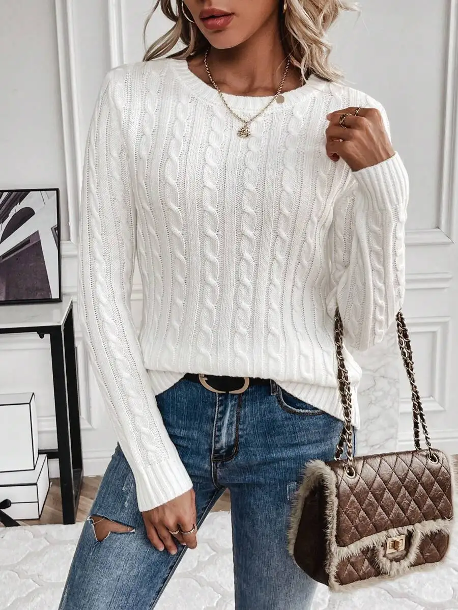 White Cable Knit Crew Neck Long Sleeve Pullover Sweater for Women
White Cable Knit Crew Neck Long Sleeve Pullover Sweater for Women
