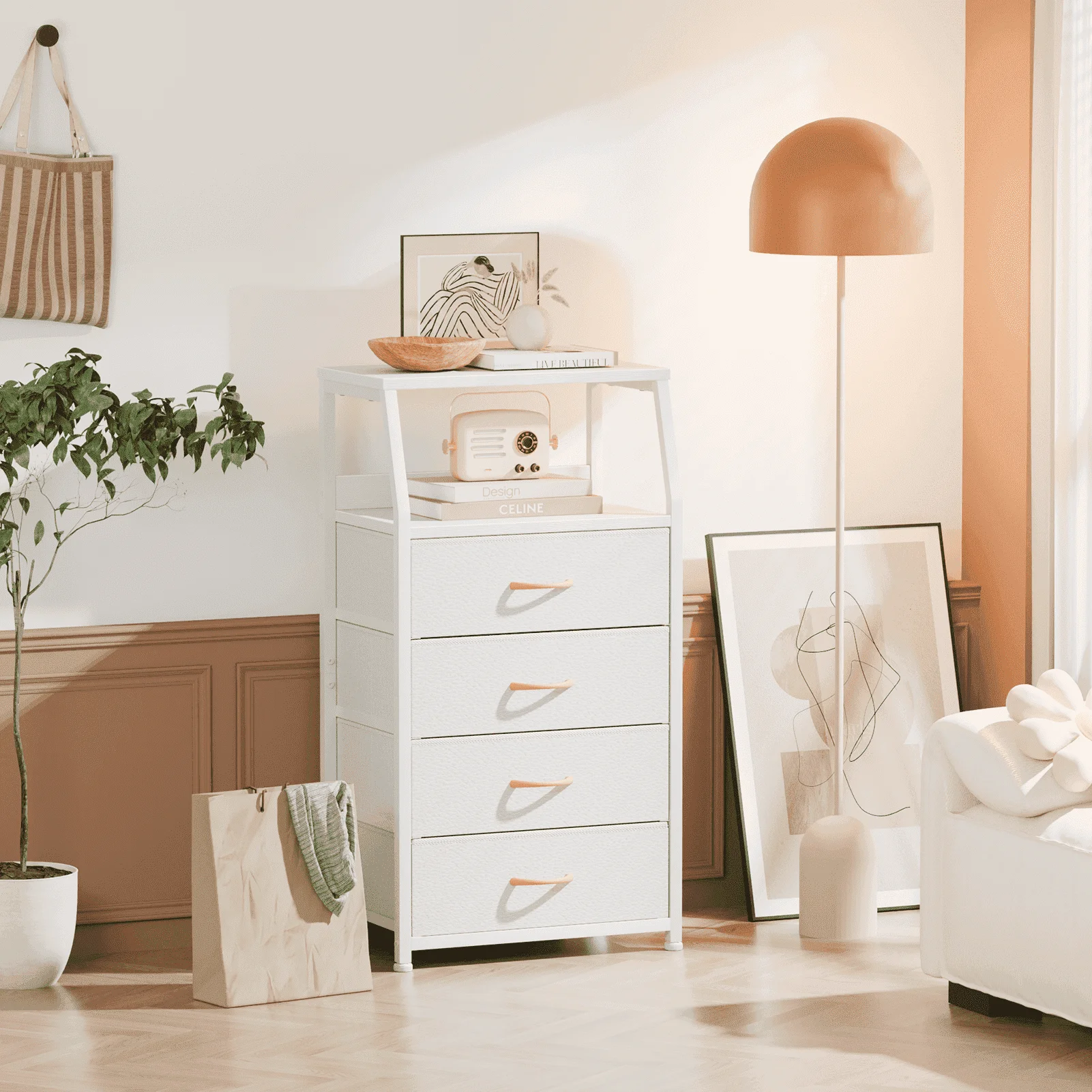4-Drawer Nightstand,Vertical Fabric Dresser Storage End Table,for All Age,White
4-Drawer Nightstand,Vertical Fabric Dresser Storage End Table,for All Age,White