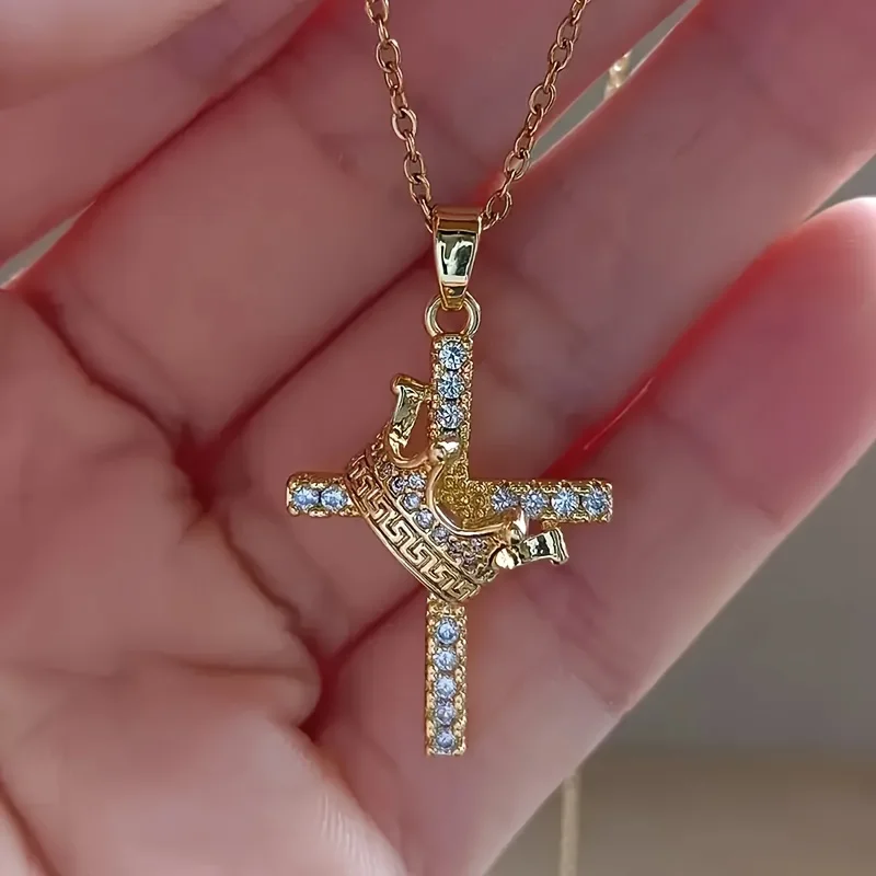Gold Cross Pendant Necklace for Men Women with Crown & Rhinestone, Christian Faith Jewelry for Daily Church Wedding Religious Gift
Gold Cross Pendant Necklace for Men Women with Crown & Rhinestone, Christian Faith Jewelry for Daily Church Wedding Religious Gift