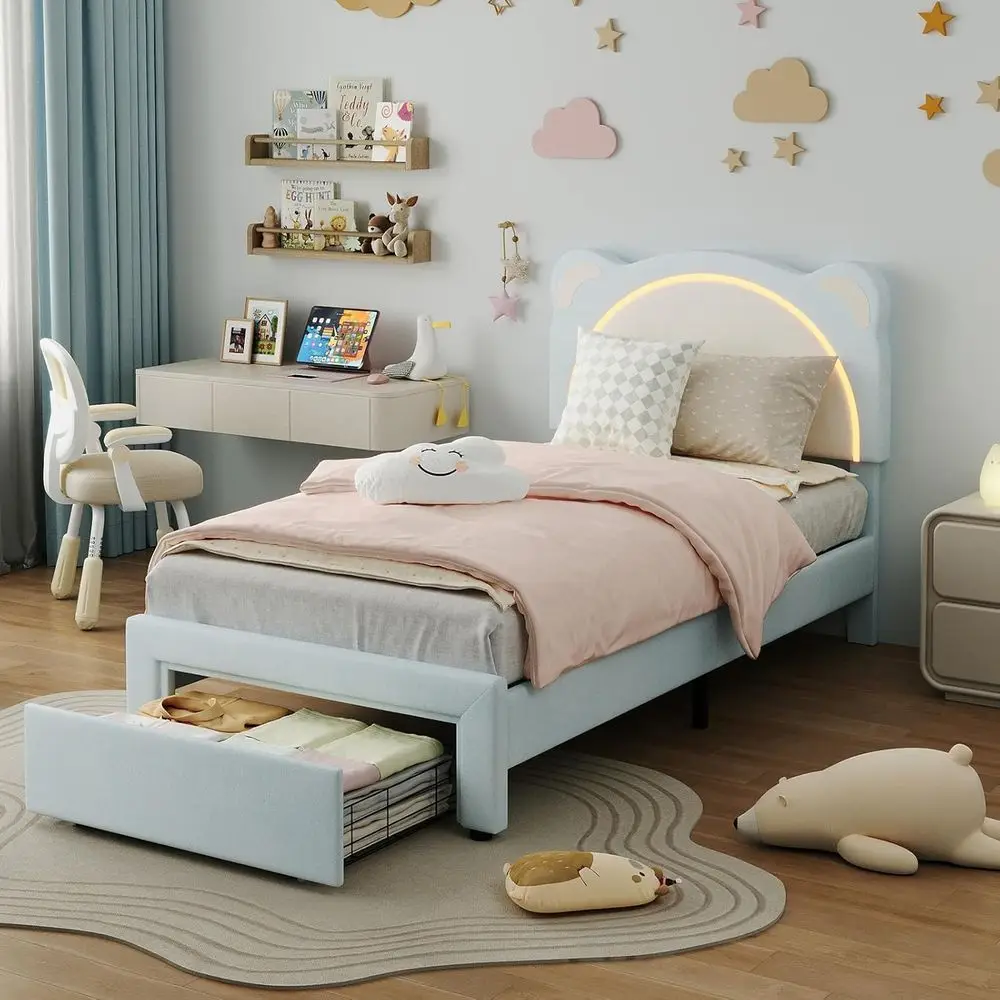 Twin LED Bed Frame with Storage, Adjustable Velvet Bear Headboard, Solid Wood Slat Support, Quiet Assembly for Kids, Blue
Twin LED Bed Frame with Storage, Adjustable Velvet Bear Headboard, Solid Wood Slat Support, Quiet Assembly for Kids, Blue