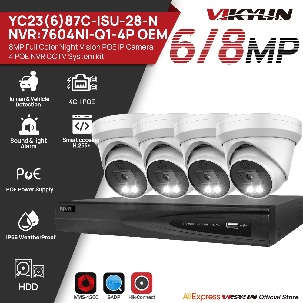 VIKYLIN CCTV kit Full Color IP Camera 8MP Turret 2-way Audio 4CH Hikvision OEM NVR POE Video Recorder Video Surveillance System
VIKYLIN CCTV kit Full Color IP Camera 8MP Turret 2-way Audio 4CH Hikvision OEM NVR POE Video Recorder Video Surveillance System
