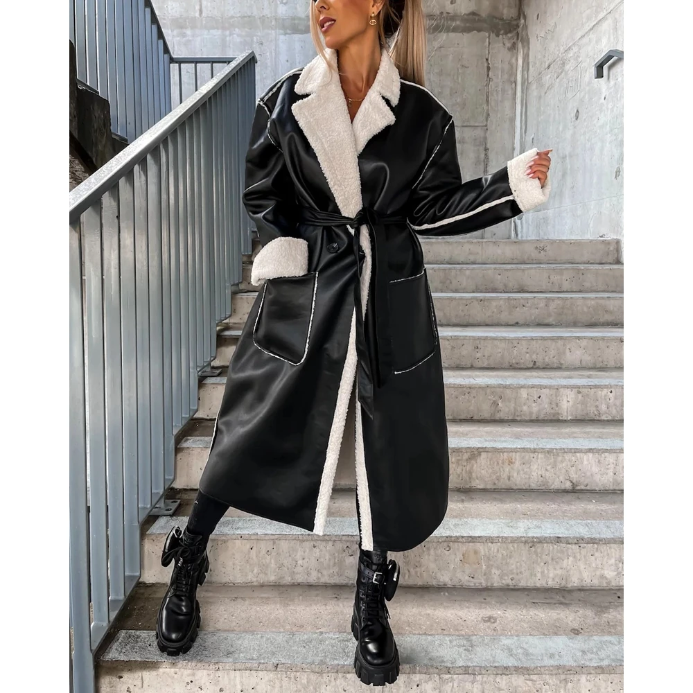 Elegant Women Pu Leather Double Breasted Nothched Collar Fluffy Long Coat With Belt Lady Winter Casual Outfits wear
Elegant Women Pu Leather Double Breasted Nothched Collar Fluffy Long Coat With Belt Lady Winter Casual Outfits wear