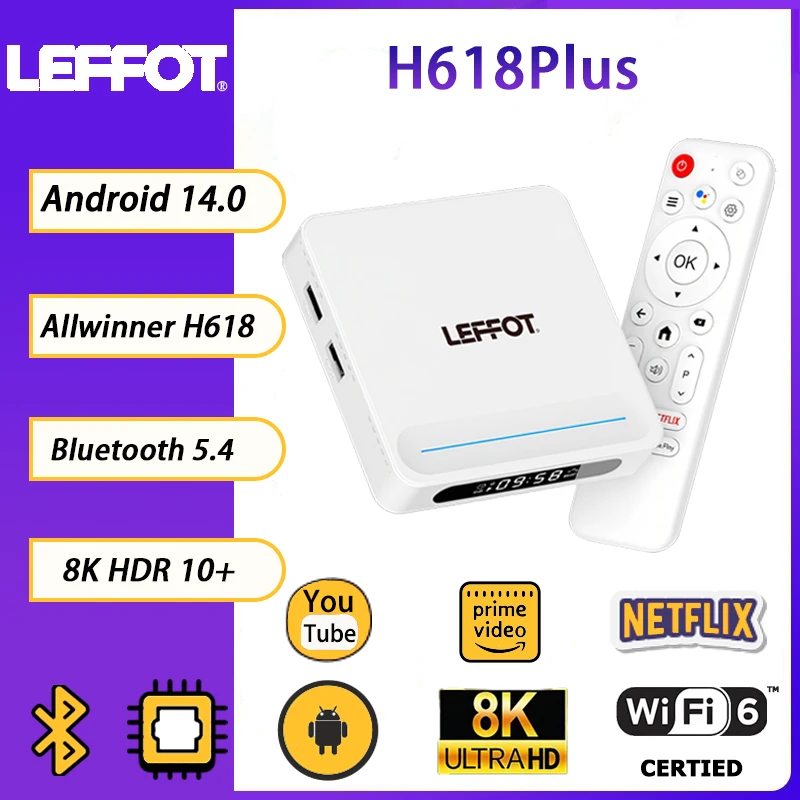 LEFFOT H618Plus Tv Box Android14 WiFi6 BT5.4 100M Ethernet 8K@60fps HD Output Google Voice Assistant AI Set-Top Box
LEFFOT H618Plus Tv Box Android14 WiFi6 BT5.4 100M Ethernet 8K@60fps HD Output Google Voice Assistant AI Set-Top Box