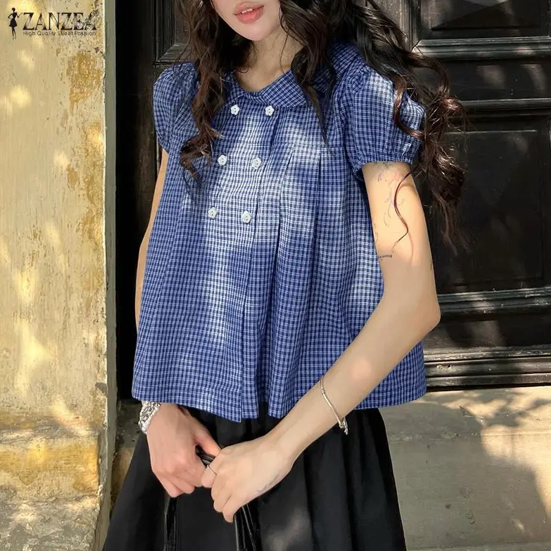 2026 Summer Elegant Short Puff Sleeve Holiday Plaid Shirt ZANZEA Women Blouse Stylish Work Tops Femme Lapel Neck Buttons Blusas
2026 Summer Elegant Short Puff Sleeve Holiday Plaid Shirt ZANZEA Women Blouse Stylish Work Tops Femme Lapel Neck Buttons Blusas