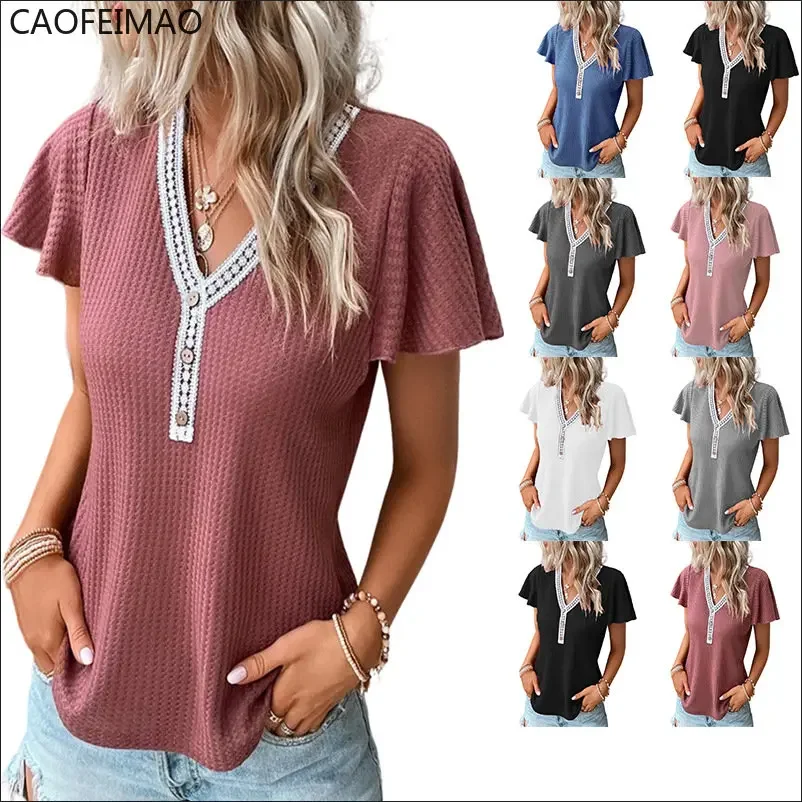 Women's T-shirt New In Summer Lace Stitching V Neck Tshirt Elegant and Chic Casual Short Sleeve Solid Colors Lady Clothing Tops
Women's T-shirt New In Summer Lace Stitching V Neck Tshirt Elegant and Chic Casual Short Sleeve Solid Colors Lady Clothing Tops
