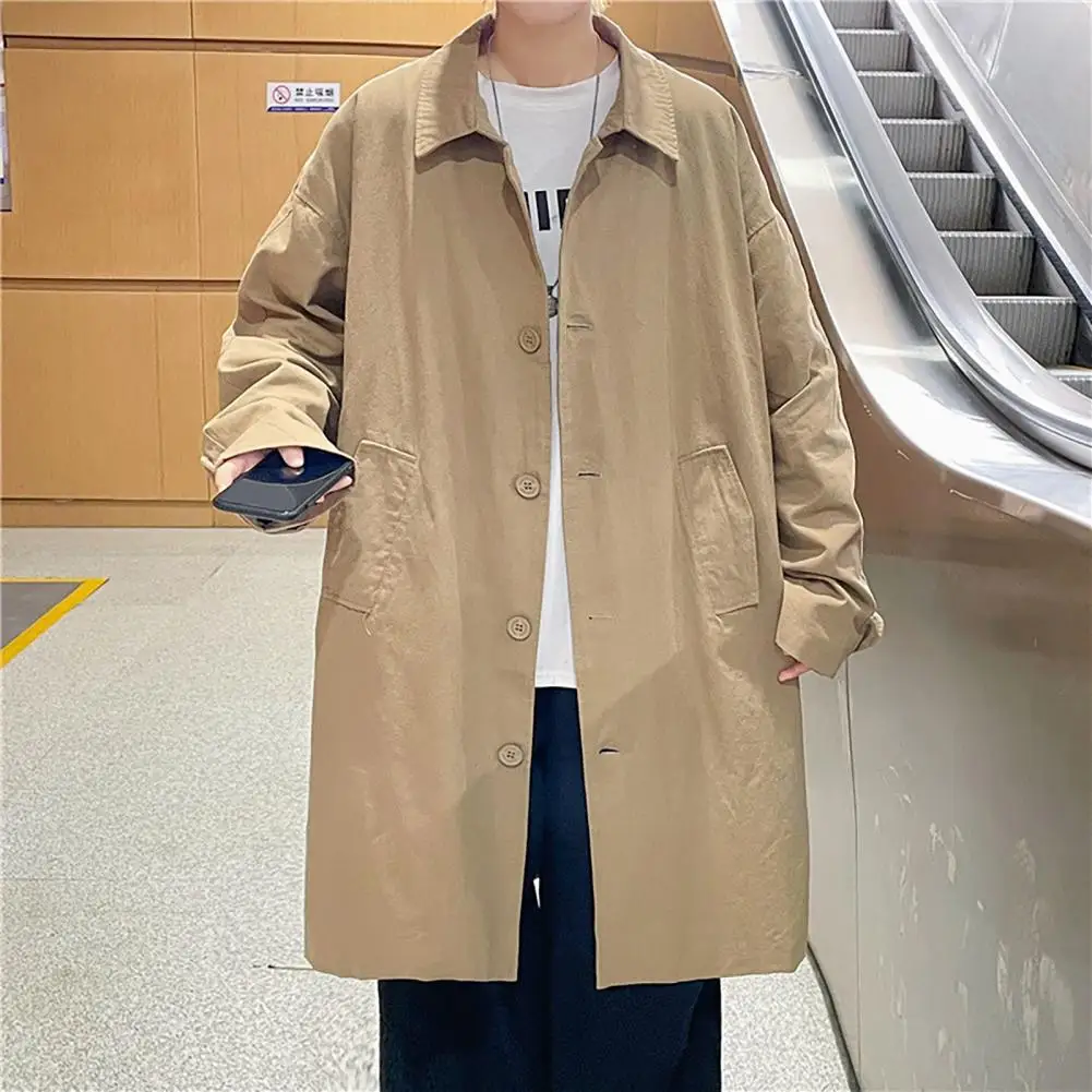Soft Men Jacket Stylish Men's Lapel Windbreaker Coat with Pockets Solid Color Trench Coat for Mid-length Outwear Loose Fit Long
Soft Men Jacket Stylish Men's Lapel Windbreaker Coat with Pockets Solid Color Trench Coat for Mid-length Outwear Loose Fit Long