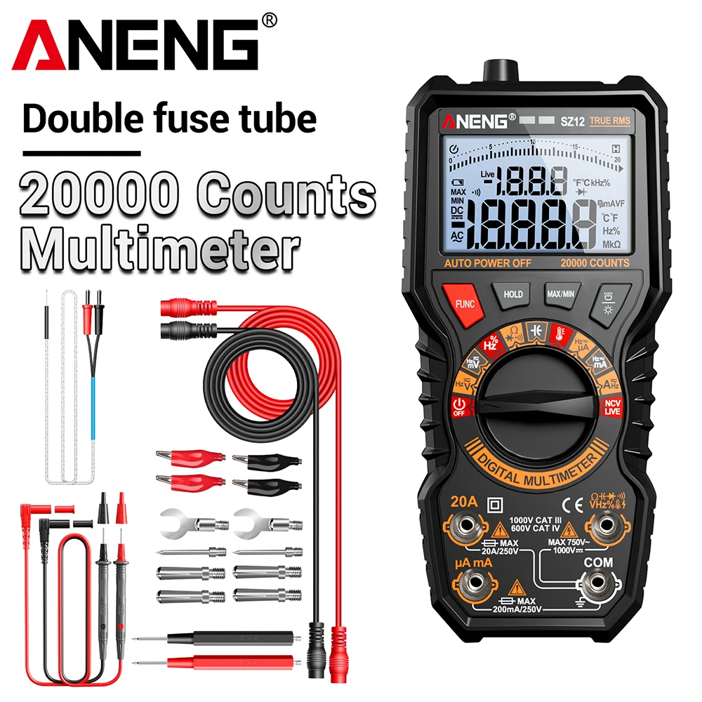Цифровой мультиметр ANENG SZ12 True RMS, 20000 измерений, тестер напряжения и тока AC/DC, вольтметр, измеритель сопротивления, емкости, частоты, температуры
Цифровой мультиметр ANENG SZ12 True RMS, 20000 измерений, тестер напряжения и тока AC/DC, вольтметр, измеритель сопротивления, емкости, частоты, температуры
