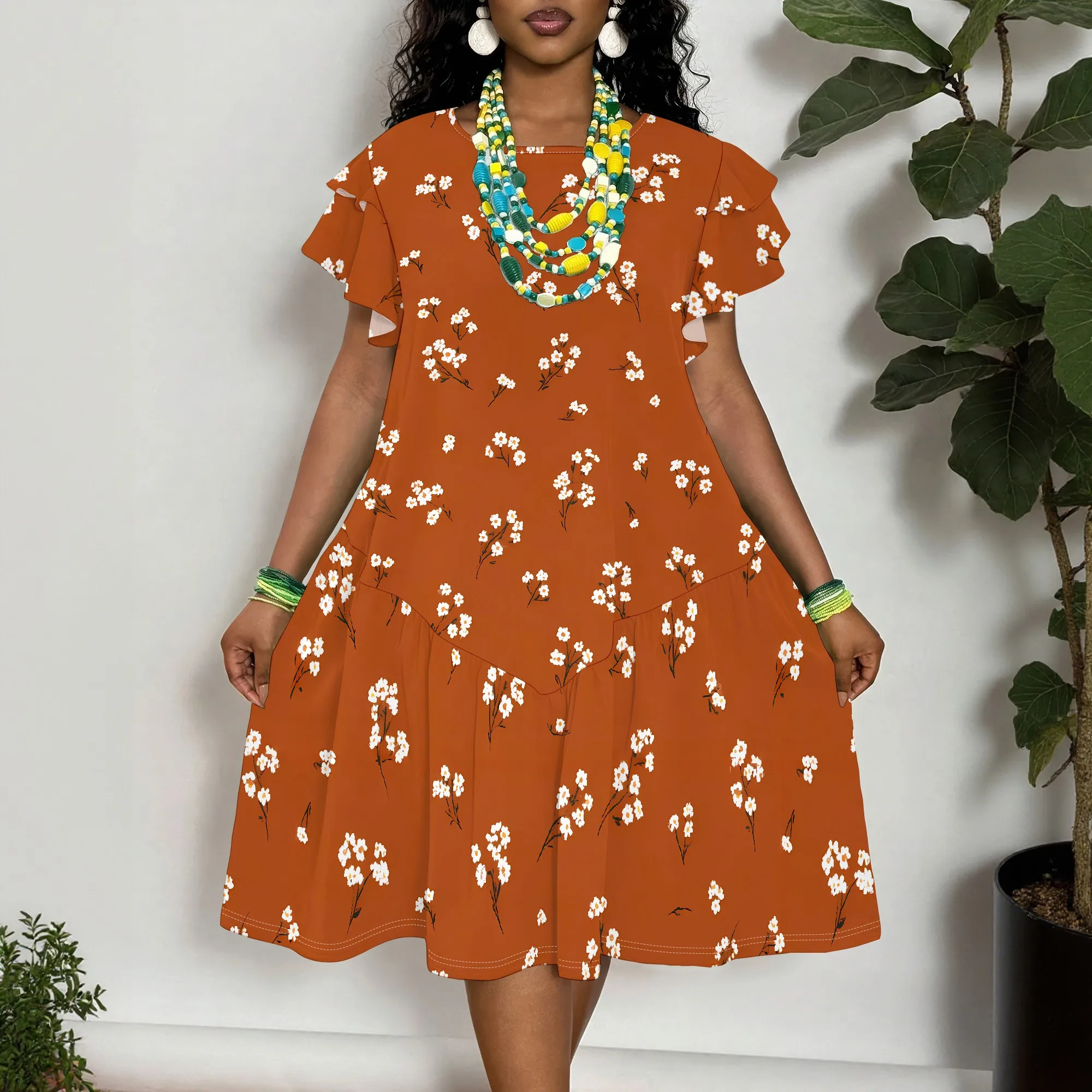 Rust Orange Floral Print Short Sleeve Dress for Women, Casual Summer A-Line Midi Dress with Ruffle Sleeves
Rust Orange Floral Print Short Sleeve Dress for Women, Casual Summer A-Line Midi Dress with Ruffle Sleeves