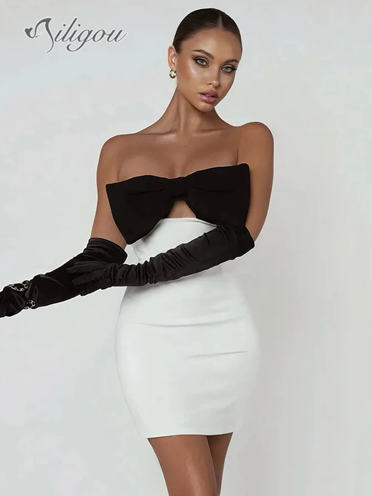 Ailigou 2023 Women's Sexy Strapless Sleeveless Bow Tie Black and White Tight Mini Bandage Dress Elegant Celebrity Party Dress
Ailigou 2023 Women's Sexy Strapless Sleeveless Bow Tie Black and White Tight Mini Bandage Dress Elegant Celebrity Party Dress