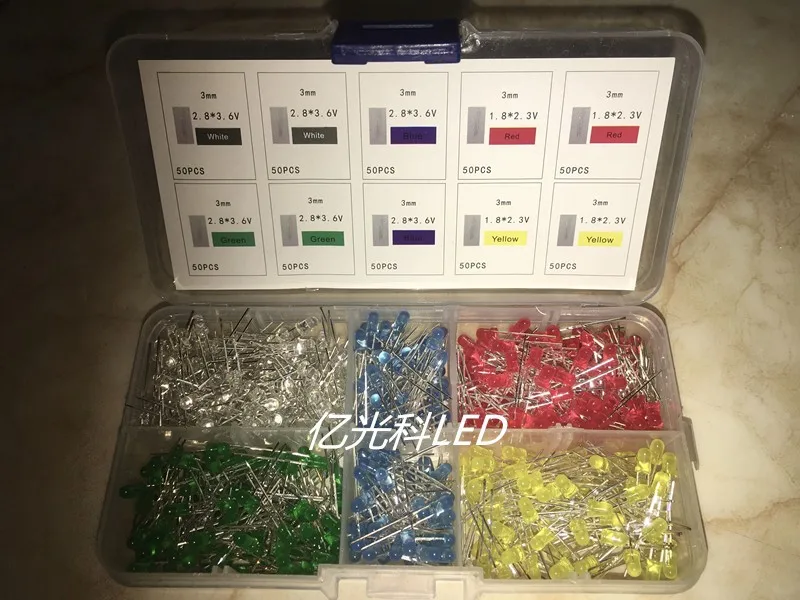 3mm 5 colors Lights Emitting Diodes Assortment Kit for Arduino Bright White Red Blue Green Yellow F3 DIY PCB 5colour*100PCS
3mm 5 colors Lights Emitting Diodes Assortment Kit for Arduino Bright White Red Blue Green Yellow F3 DIY PCB 5colour*100PCS