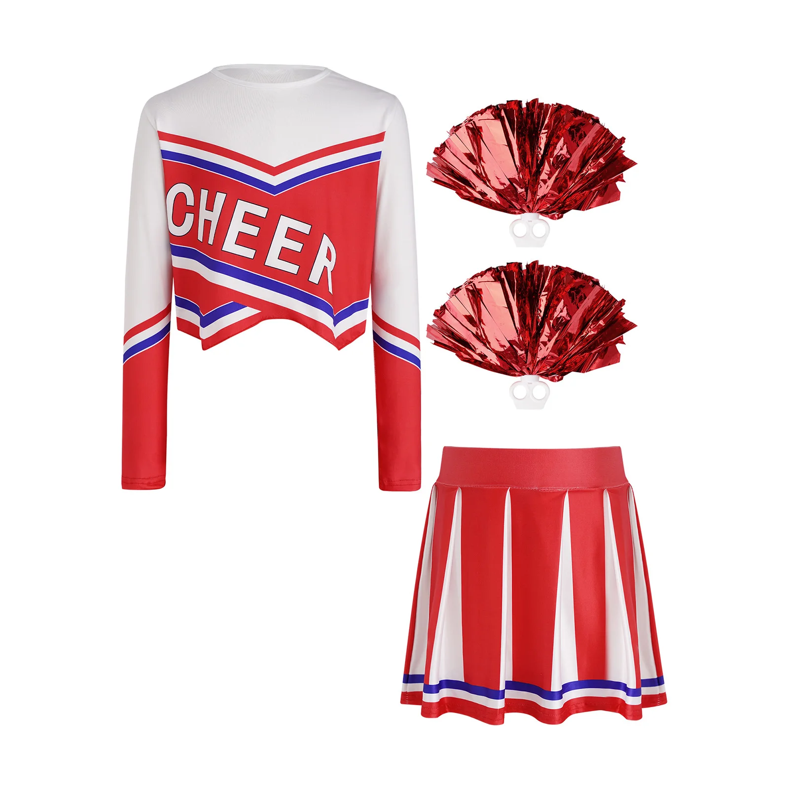 Kids Girls Contrast Color Cheerleading Outfit Long Sleeve Asymmetrical Hem Letter Print Top with Skirt and 2pcs Pom-pom
Kids Girls Contrast Color Cheerleading Outfit Long Sleeve Asymmetrical Hem Letter Print Top with Skirt and 2pcs Pom-pom
