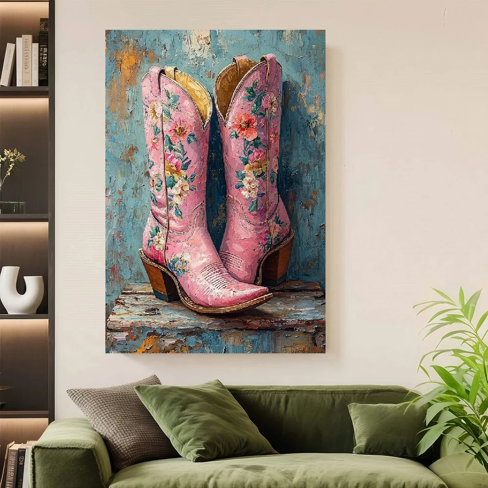 Framed Flat Canvas Art Featuring Western Cowboy Boots in a Flat Design - a Vibrant Pink Floral Pattern Set Against a Turquoise B
Framed Flat Canvas Art Featuring Western Cowboy Boots in a Flat Design - a Vibrant Pink Floral Pattern Set Against a Turquoise B