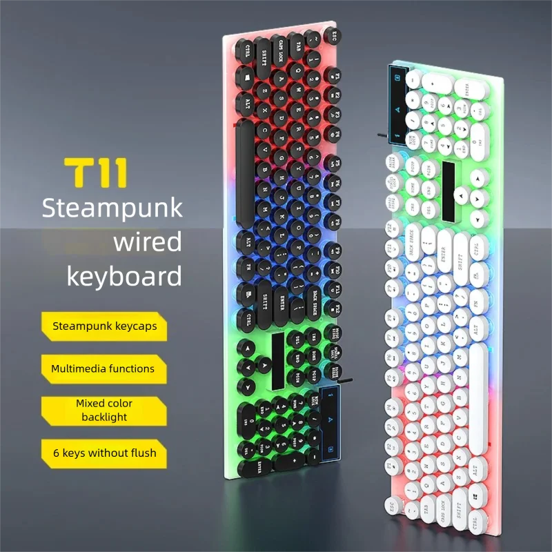 T11 Punk Style USB Wired Gaming Keyboard with RGB LED Backlit English Character Mechanical Feel Keys for Laptop And Office
T11 Punk Style USB Wired Gaming Keyboard with RGB LED Backlit English Character Mechanical Feel Keys for Laptop And Office