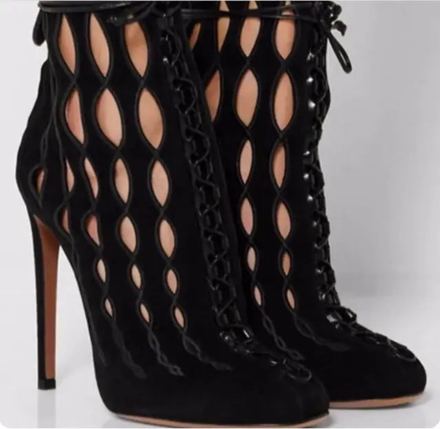 Drop Shipping Women Fashion Black Suede Hollow Cuts Out Lace Up Zipper Back Round Toe Stiletto Heels Ankle Boots Short Booties
Drop Shipping Women Fashion Black Suede Hollow Cuts Out Lace Up Zipper Back Round Toe Stiletto Heels Ankle Boots Short Booties