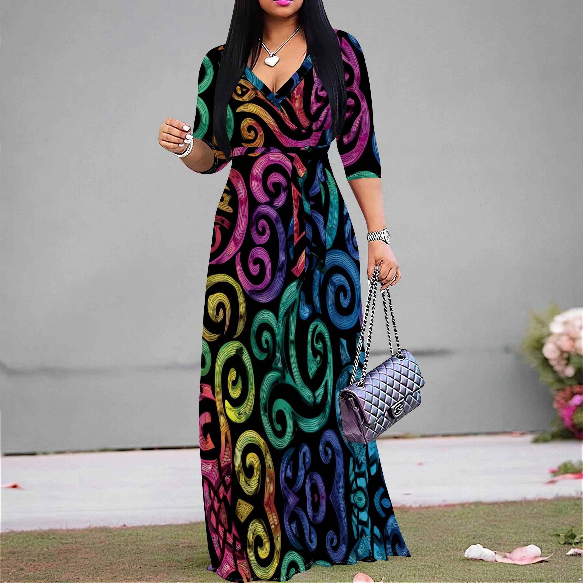 Women's V-Neck Wrap Maxi Dress Abstract Swirl Print Bohemian Long Dress Elegant Evening Party Dress for Spring & Summer XS-3XL
Women's V-Neck Wrap Maxi Dress Abstract Swirl Print Bohemian Long Dress Elegant Evening Party Dress for Spring & Summer XS-3XL