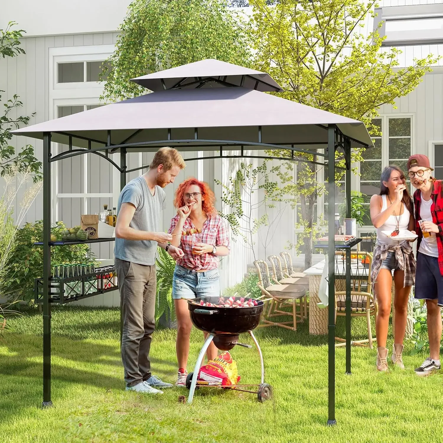 8 x 5 FT BBQ Grill Gazebo with 2 Side Shelves, Storage Basket, Hanging Hooks, Bottle Opener, Double-Tiered Top, Metal Frame,
8 x 5 FT BBQ Grill Gazebo with 2 Side Shelves, Storage Basket, Hanging Hooks, Bottle Opener, Double-Tiered Top, Metal Frame,