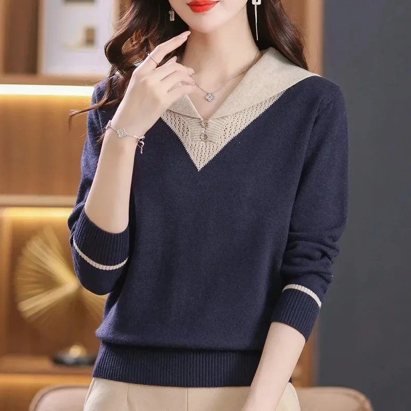 New Women Autumn Winter Turn-Down Collar Pullover Color Block Button Long Sleeve Sweater Knitted Tops Female Bottoming Shirt
New Women Autumn Winter Turn-Down Collar Pullover Color Block Button Long Sleeve Sweater Knitted Tops Female Bottoming Shirt