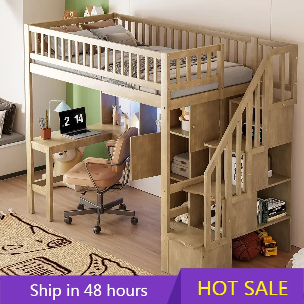 Wood Twin Size Loft Bed with Built-in Desk, LED, Storage Shelves, Cabinets and Staircase, Twin Bed Frame,Walnut
Wood Twin Size Loft Bed with Built-in Desk, LED, Storage Shelves, Cabinets and Staircase, Twin Bed Frame,Walnut