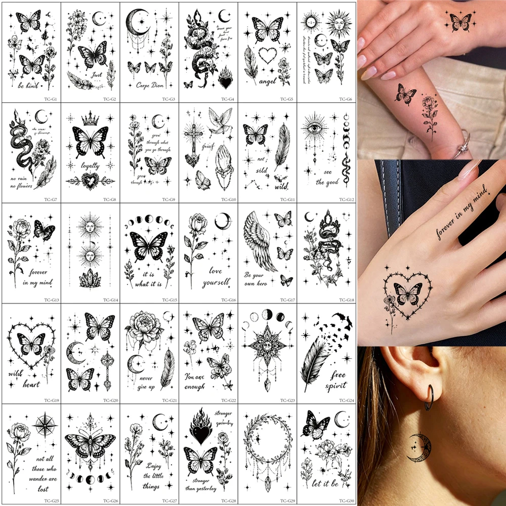 30pcs Butterfly Fake Tattoo for Women Flower Moon Snake Heart Temporary Tattoo Stickers for Hand Fingers Wrists Body Art
30pcs Butterfly Fake Tattoo for Women Flower Moon Snake Heart Temporary Tattoo Stickers for Hand Fingers Wrists Body Art