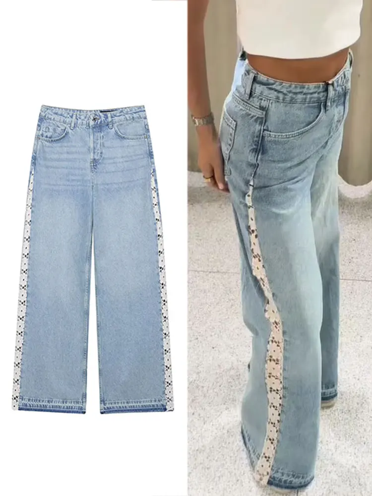 HH Женские модные кружевные полые лоскутные джинсы с высокой талией, широкие джинсовые брюки, осенние уличные женские брючные джинсы 
HH Женские модные кружевные полые лоскутные джинсы с высокой талией, широкие джинсовые брюки, осенние уличные женские брючные джинсы