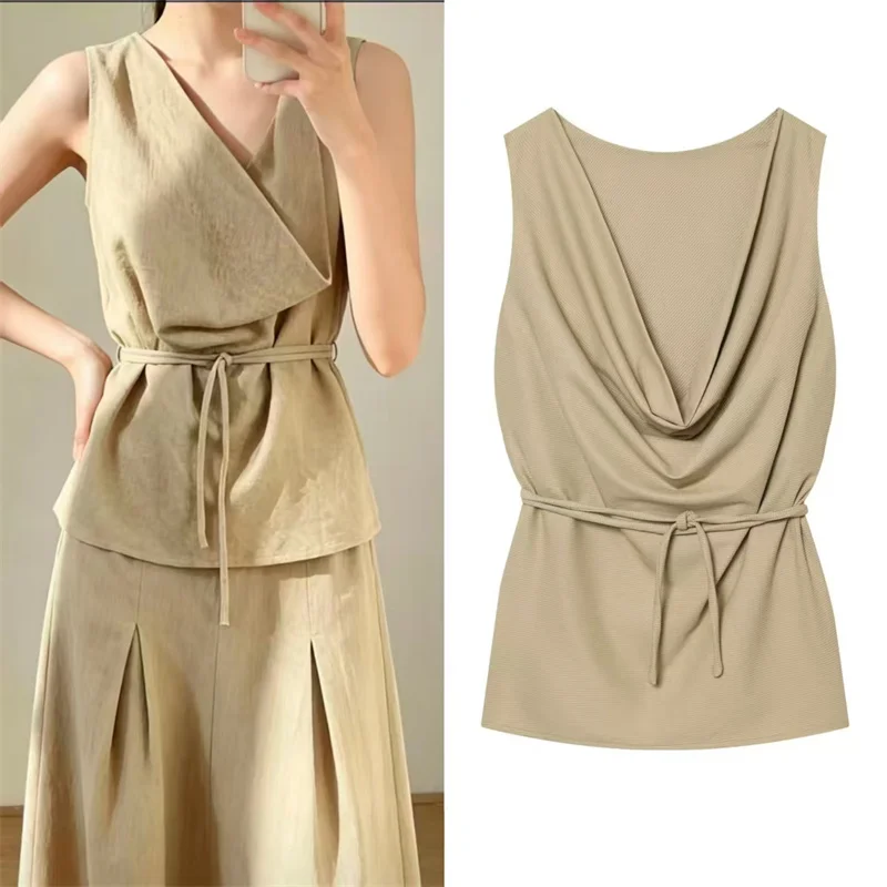 Women's Top 2026 Summer New Style Khaki Sleeveless Cowl Necktop with Belt Decoration Elegant and Fashionable
Women's Top 2026 Summer New Style Khaki Sleeveless Cowl Necktop with Belt Decoration Elegant and Fashionable