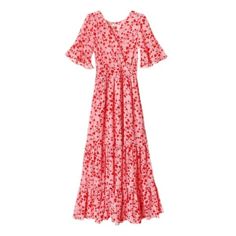 Floral Print V Neck Wrap Dress With Ruffled Sleeves And Tiered Hem For Summer Women Sweet Style Casual Maxi Dress
Floral Print V Neck Wrap Dress With Ruffled Sleeves And Tiered Hem For Summer Women Sweet Style Casual Maxi Dress