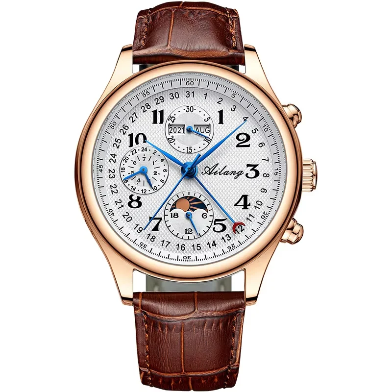 Retro Mechancial Watches Moon Phase Shanghai Movement Rose Gold Case Brown Leather Strap Luxury Automatic Mens Watch
Retro Mechancial Watches Moon Phase Shanghai Movement Rose Gold Case Brown Leather Strap Luxury Automatic Mens Watch