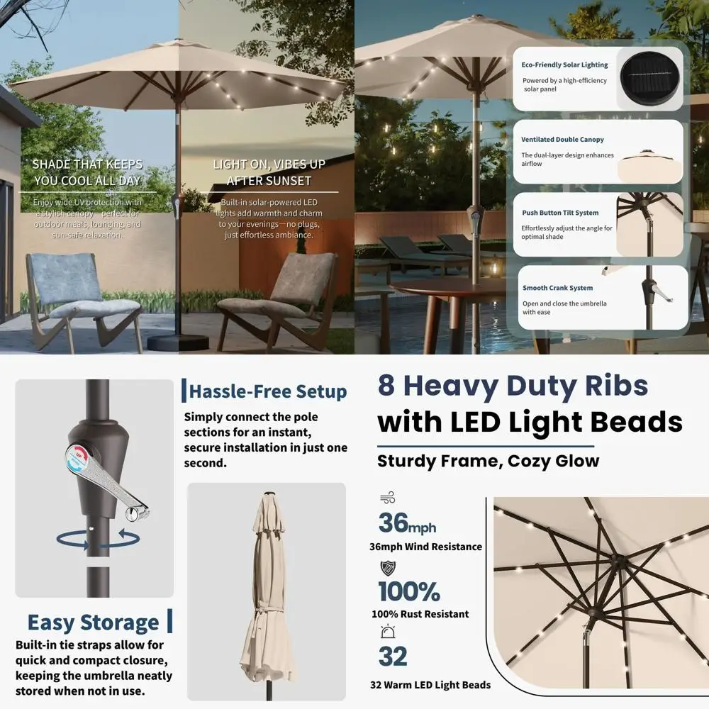32 LED Lighted 9FT Patio Umbrella with Tilt & Crank, UV-Resistant for Outdoor Use in Pool, Garden, Deck, Beige
32 LED Lighted 9FT Patio Umbrella with Tilt & Crank, UV-Resistant for Outdoor Use in Pool, Garden, Deck, Beige