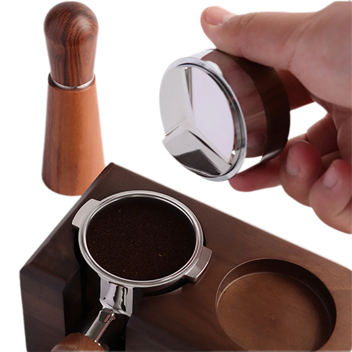 58.5mm Coffee Tamper Coffee Distributor Tool Walnut Cover Espresso Leveler Fits for Portafilter Espresso-A70Z
58.5mm Coffee Tamper Coffee Distributor Tool Walnut Cover Espresso Leveler Fits for Portafilter Espresso-A70Z