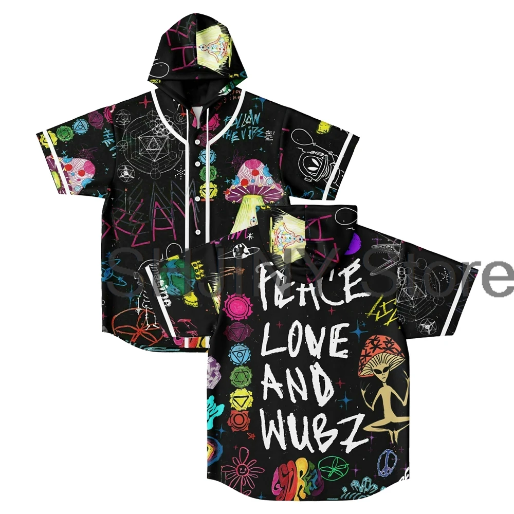 Peace Love and Wubz Merch Hooded Baseball Jersey Tops Music Festival 2025 Short Sleeve Button-up Shirts Women Men Streetwear Tee
Peace Love and Wubz Merch Hooded Baseball Jersey Tops Music Festival 2025 Short Sleeve Button-up Shirts Women Men Streetwear Tee