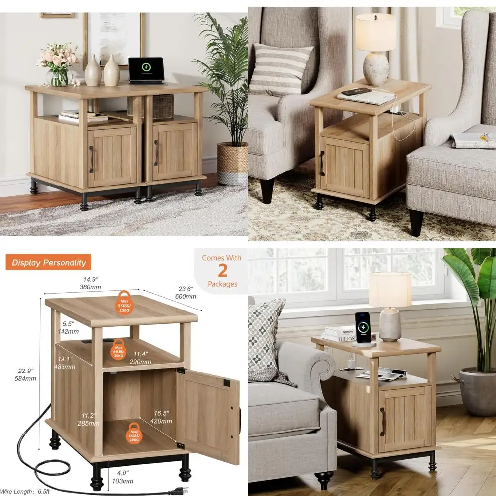 Pair of End Tables with Charging Station and Storage Cabinet for Living Room, Light Wood Bedside Tables
Pair of End Tables with Charging Station and Storage Cabinet for Living Room, Light Wood Bedside Tables