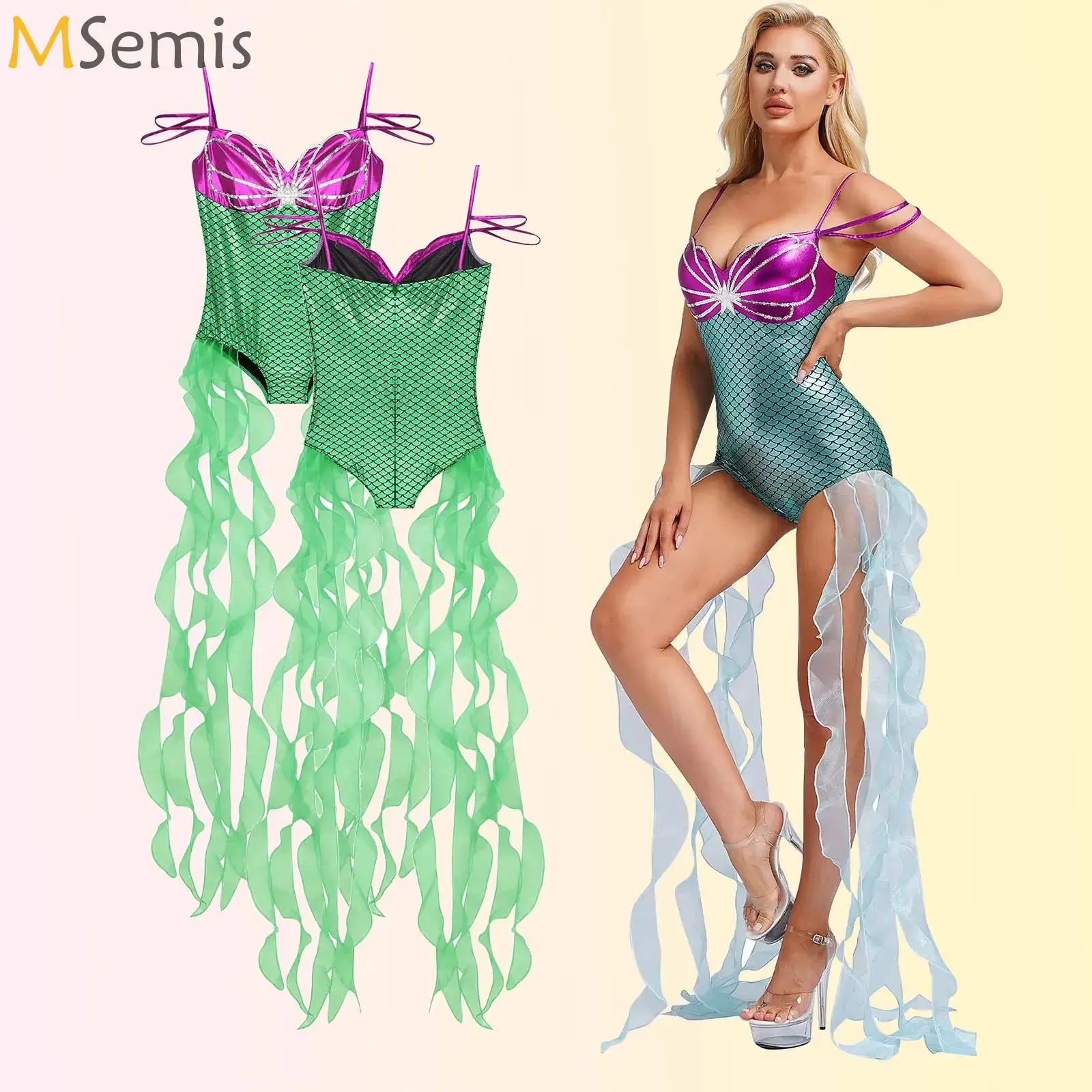 Fish Scales Mermaid Costume for Women Halloween Sea-maid Cami Jumpsuit Sparkle Sequins Leotard Bodysuit with Long Tulle Ribbons
Fish Scales Mermaid Costume for Women Halloween Sea-maid Cami Jumpsuit Sparkle Sequins Leotard Bodysuit with Long Tulle Ribbons