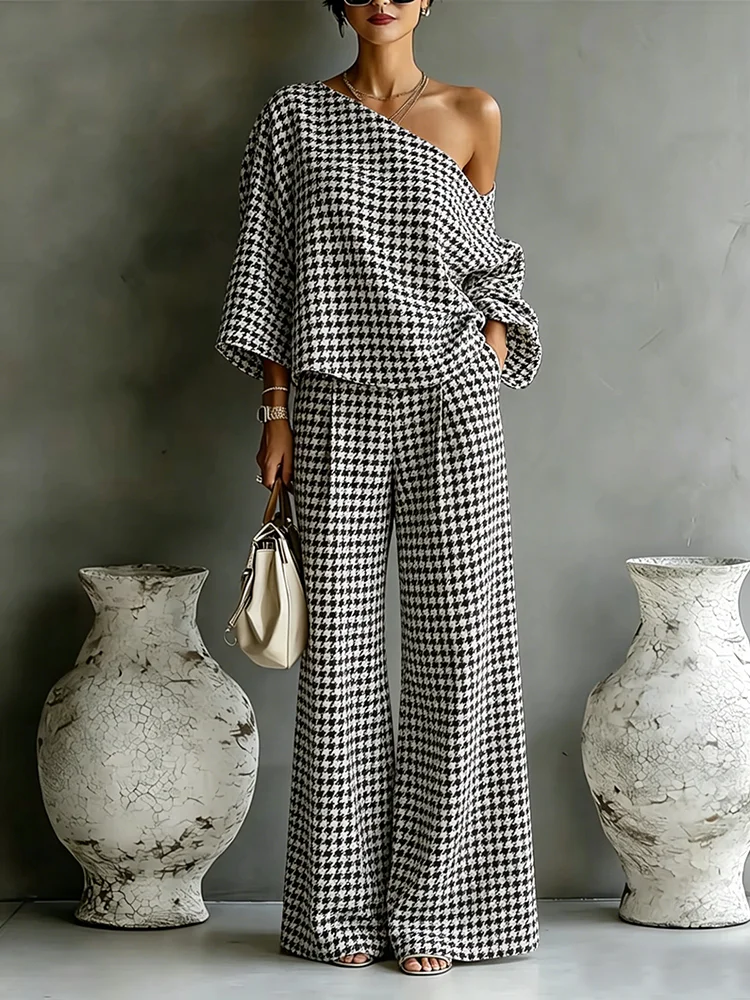 Women's One Shoulder Houndstooth Print 2 Piece Set Wide Leg Pants Set Chic Fashion Elegant Two Piece Outfit With Pockets
Women's One Shoulder Houndstooth Print 2 Piece Set Wide Leg Pants Set Chic Fashion Elegant Two Piece Outfit With Pockets