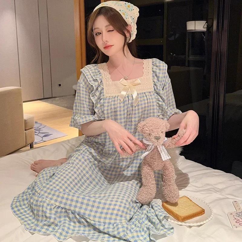 110kg Plus Size Summer Sleep Dress Women Korean Sweet Nightgown for Live Broadcast Loose Sleepwear Plaid Short Sleeve Nightdress
110kg Plus Size Summer Sleep Dress Women Korean Sweet Nightgown for Live Broadcast Loose Sleepwear Plaid Short Sleeve Nightdress