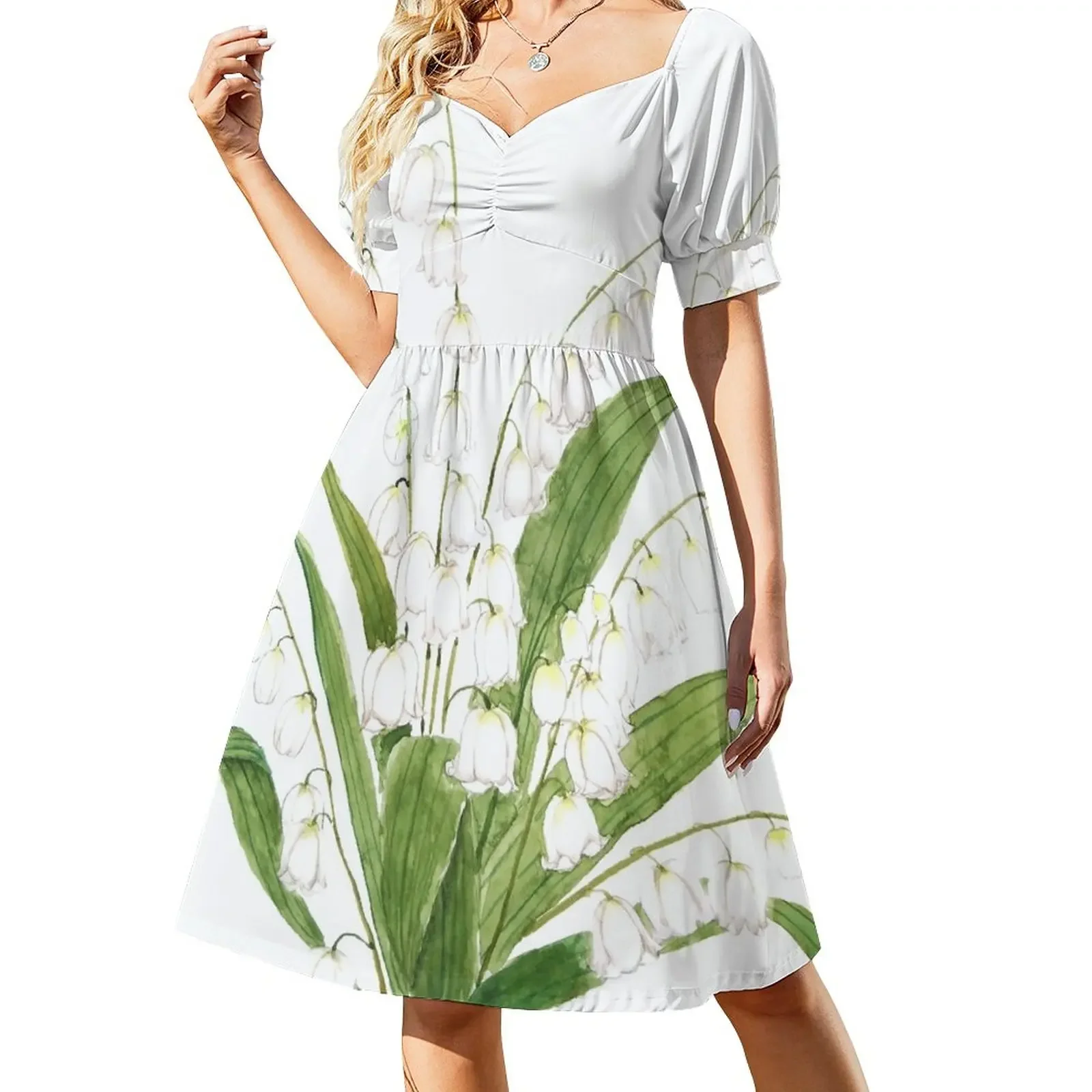 white lily of valley watercolor Short-Sleeved Dress summer women's suit purple dress
white lily of valley watercolor Short-Sleeved Dress summer women's suit purple dress